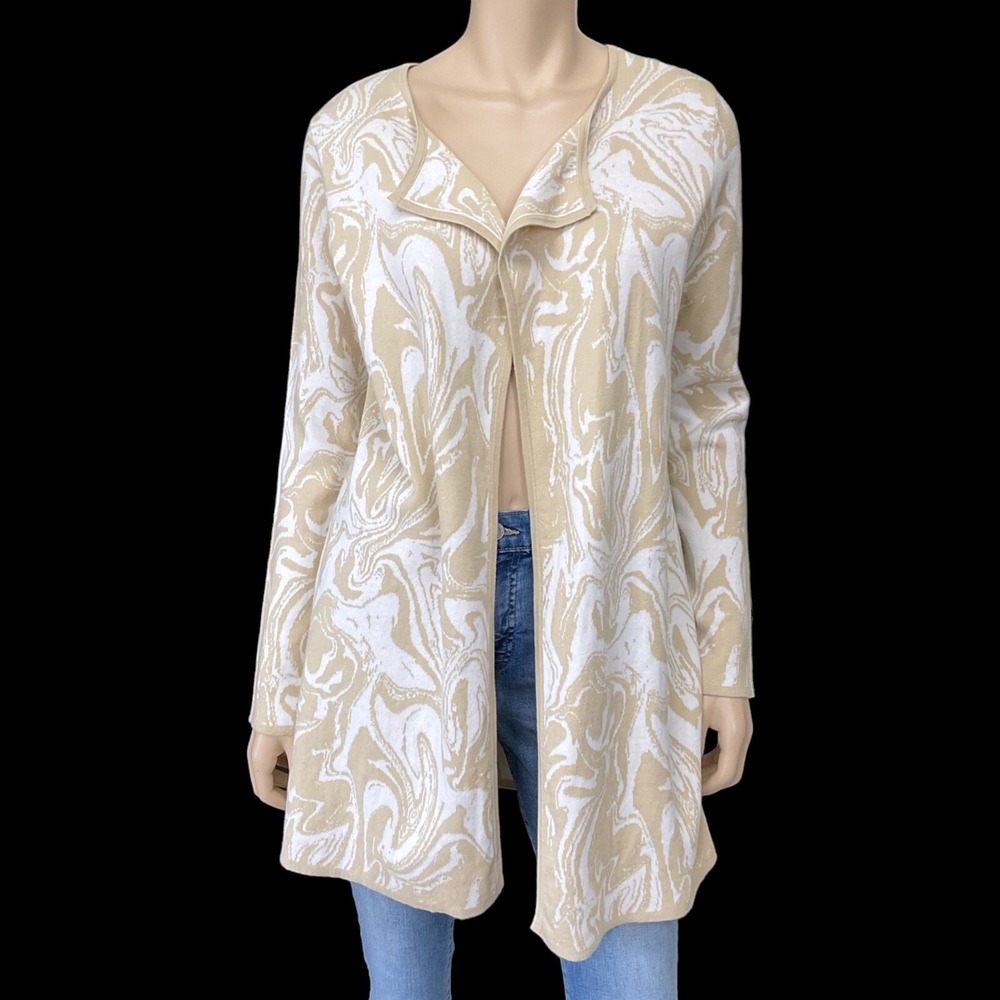 Vince Camuto Cardigan Womens XS Beige White Long Sleeve Open Print Swirl NWOT